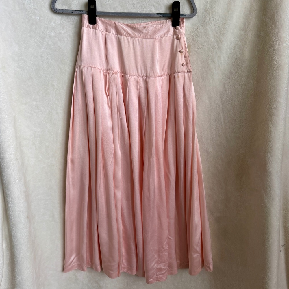 Paul Alexander Pink Silk Pleated Midi Skirt Size 6 High Waist Button Detail